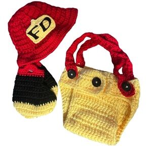 Newborn Homemade Crochet‎ Knit Fireman outfit, Photo prop